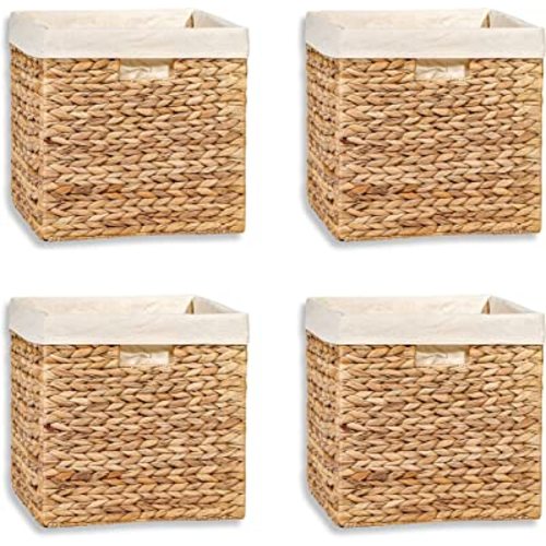 12" Foldable Hyacinth Storage Basket with Iron Wire Frame and Removable Liner By Trademark Innovations (Set of 4)