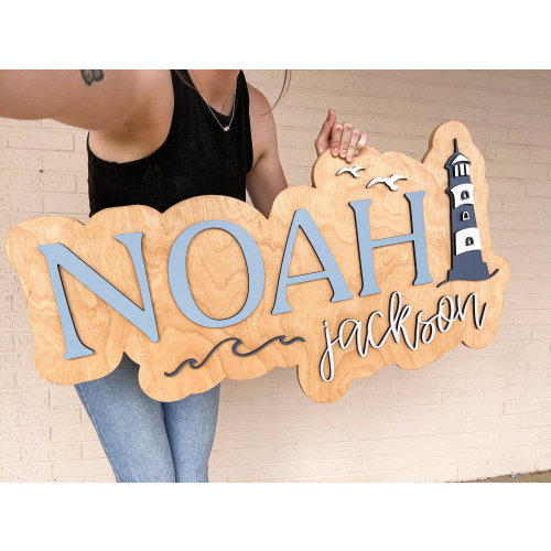 Nautical name sign, large wood name sign, nursery name sign, lighthouse nursery, above crib cut out, layered baby name sign, cut out sign