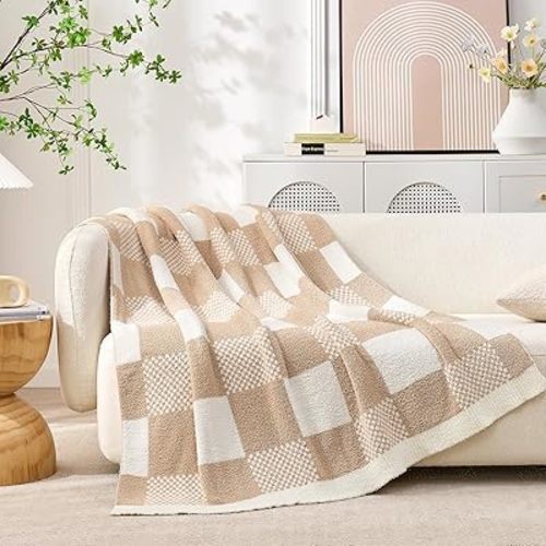 Snuggle Sac Checkered Blanket, Beige Throw Blanket for Couch Plaid Microfiber Fluffy Warm Cozy Soft Oversized Throw XL Reversible Checkerered Blankets for Sofa, Chair, Bed, 50x70 inches