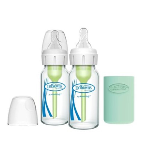 4oz Anti-Colic Options+ Narrow Glass Baby Bottle with Level 1 Slow Flow Nipple & Silicone Sleeve - 2pk