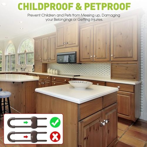 10 Pieces Cabinet Locks for Babies, U-Shaped Proofing Drawers Safety Child Locks Adjustable, Easy to Use Childproof Latch for Knob Handle on Kitchen Door Storage Cupboard Closet Dresser (Brown)
