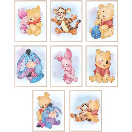 BigWig Prints Winnie the Pooh Nursery Decor - Winnie the Pooh Wall Art, Baby Nursery Wall Decor, Childrens Poster Prints for Classroom, Piglet Tigger Rabbit Eeyore Gifts - Unframed Set of 8 (8x10)