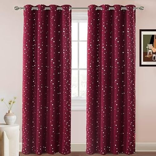 PrinceDeco Blackout Kids Curtains for Bedroom Thermal Insulated Silver Twinkle Star Curtains for Girls Antique Grommet Top Window Treatment 2 Panels Drapes for Nursery (52" W x 84" L, Burgundy/Silver)