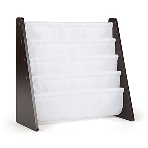 Humble Crew 4-Tier Kids Bookshelf, Espresso Wood/White - Premium Book Shelf for Kids Rooms with Four Deep Pockets - Toddler Sling Book Rack with Deep Sleeves, Nursery Bookcase Organizer