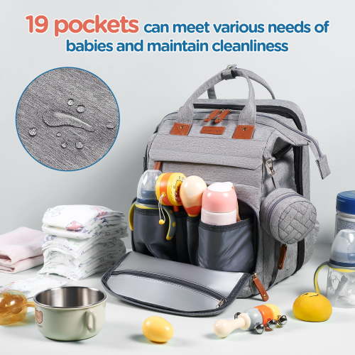 Babyomi Diaper Bag Backpack, Large Backpack Diaper Bag with Foldable Crib and USB Charging Port, Travel Backpack Changing Station for Babys, Grey