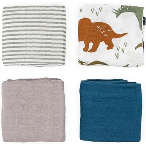 Little Unicorn Cotton Muslin Squares 4 Pack | Nursing, Burping, Feeding, Wiping, Spills | Super Soft and Lightweight Blanket for Baby Boys and Girls | 27.5” x 27.5” | Dino Friends Set