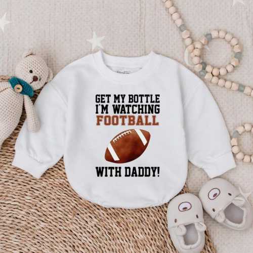 Get My Bottle I'm Watching Football with Daddy Bubble Romper, Game Day Outfit, Sports Football Baby Clothes, Football Baby Bodysuit