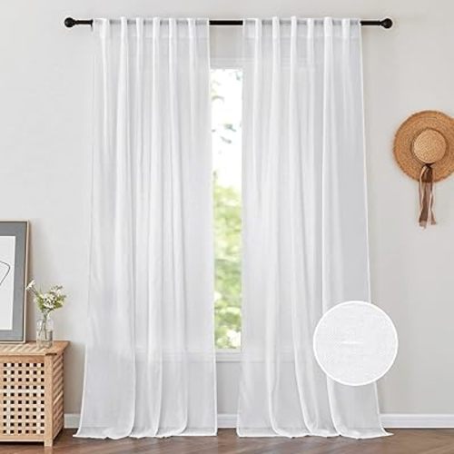 PONY DANCE White Sheer Curtains 96 inches Long - Living Room Window Treatments Natural Linen Blended Sheer Curtain Drapes for Bedroom, 52 Wide Each Panel, 2 Panels