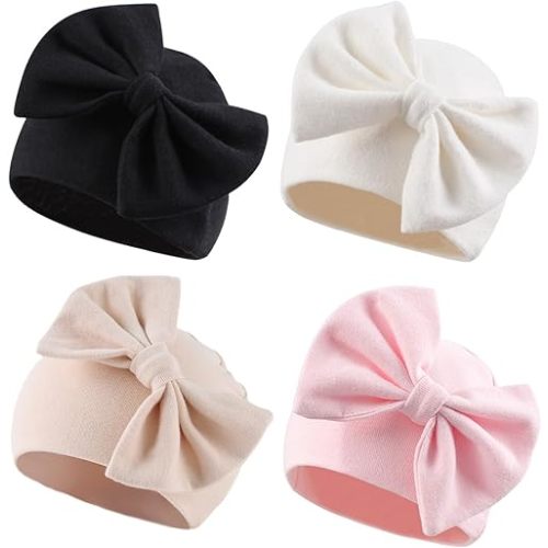 Newborn Baby Girl Hat Cotton Baby Bow Beanie Preemie Hats Spring Infant Hats for Girls 0-12 Months