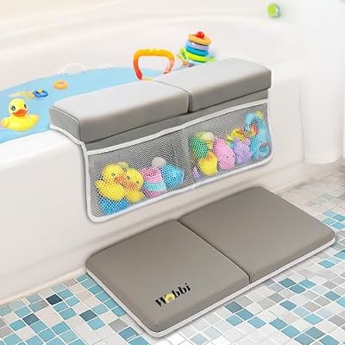 Wobbi Baby Bath Kneeler and Elbow Rest Pad Set - 1.5" Thick Memory Foam Knee Pad for Bathing Babies - 6 Suction Cups Non Slip Bath Kneeling pad with Toy Storage - Foldable & Quick Drying-Grey