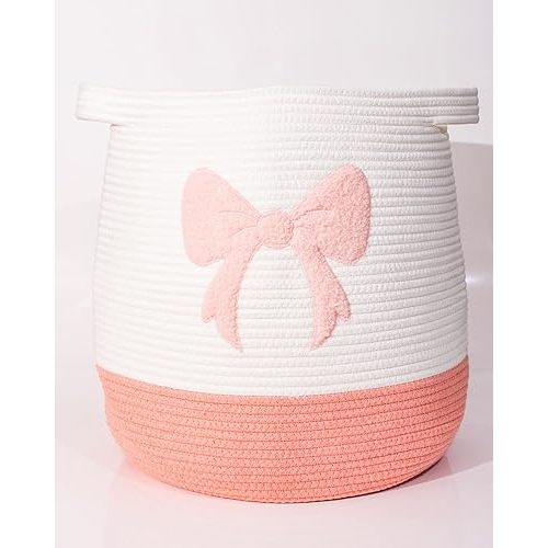 Large Cotton Rope Storage Basket with Pink Bow (17.7"x15.7", 55L), Collapsible Laundry Hamper for Baby Girl Nursery, Woven Toy Organizer with Handles, Blanket Basket for Bedroom, Bathroom, Playroom