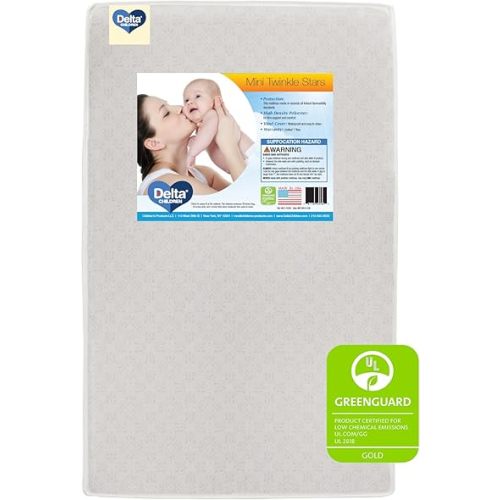 Delta Children Twinkle Stars 3-Inch Mini/Portable Crib Mattress - Premium Sustainably Sourced Fiber Core - Waterproof - GREENGUARD Gold Certified (Non-Toxic) - Trusted 10 Year Warranty - Made in USA