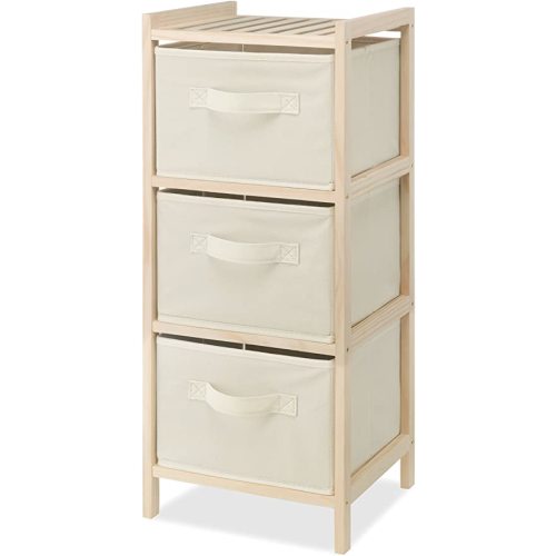 Whitmor 3 Drawer Wood Chest Organizer, Natural Pine Storage with Pull Out Fabric Bins, Easy Assembly, Compact Design for Bedroom Closet Nursery, 11.0"L x 10.0"W x 25.5"H