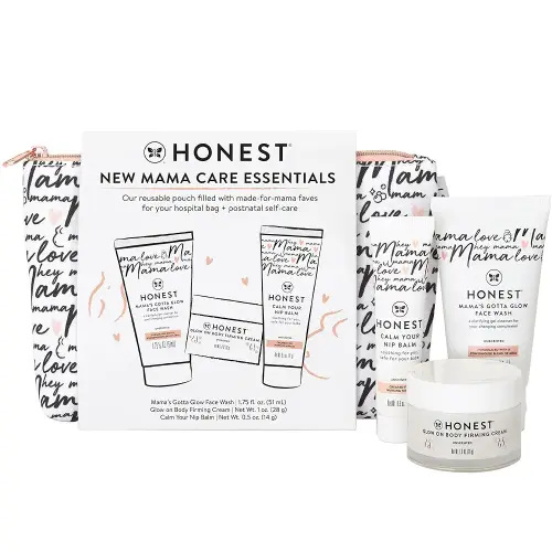 The Honest Company New Mama Care Essentials Gift Set | Hospital Bag Must Haves | Travel Size Nip Balm (0.5 oz), Glow On Body Cream (1 oz), Gotta Glow Face Wash (1.75 fl oz), Reusable Pouch