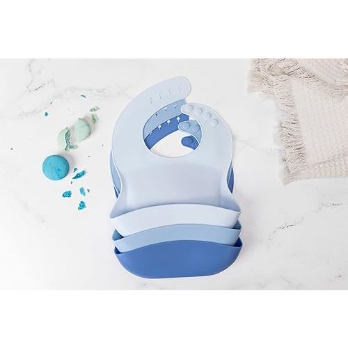 Baby Silicone Bibs Set Of 3 | Muted Blue | Infant Toddler Feeding | Waterproof, Durable, Adjustable