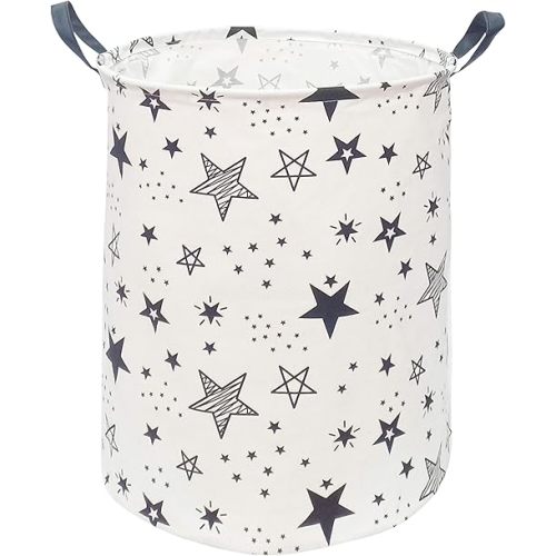 KUNRO Large Sized Round Storage Basket Waterproof Coating Organizer Bin Laundry Hamper for Nursery Clothes Toys (Black Star)