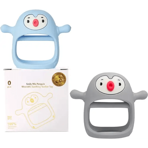 Smily Mia 2pack Penguin Teether for Babies 0-6Month, Silicone Teething Mittens&Baby Chew Toys for 3-6Month, Shower Gift for Baby Boys, Blue+Grey