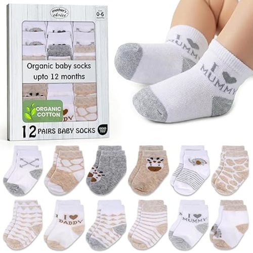 Mother's Choice Organic Cotton Baby Socks Infant 0-6 Months - 12 pairs Soft, Cozy, and Gentle Newborn Socks for Girls & Boys, Perfect Baby Registry for Everyday Wear, and Infant Comfort