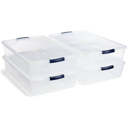 Rubbermaid Cleverstore 42 Quart Stackable Plastic Storage Container Organizer Bin with Latching Lids for Garage, Closet, and Classroom, Clear, 4 Pack