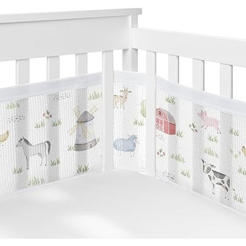 Sweet Jojo Designs + BreathableBaby Farm Animals Boy Girl Breathable Mesh Crib Liner Baby Infant Gender Neutral Watercolor Farmhouse Barn Horse Cow Sheep Chickens Nature Trees Gray Green