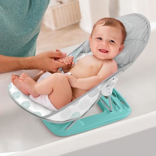 Summer Infant Deluxe Baby Bather (Dashed Dots) - Bath Support for Use in the Sink or Bathtub - Includes 3 Reclining Positions