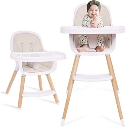 Baby High Chair, 3-in-1 Convertible Wooden High Chair with Adjustable Legs & Double Dishwasher Safe Tray, High Chairs for Babies and Toddlers, Made of Sleek Hardwood & Premium Leatherette