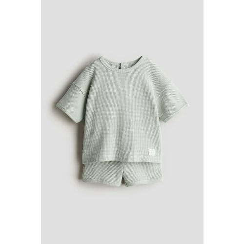2-piece Waffled Cotton Set, Regular waist, Round Neck, Light dusty green - 12M