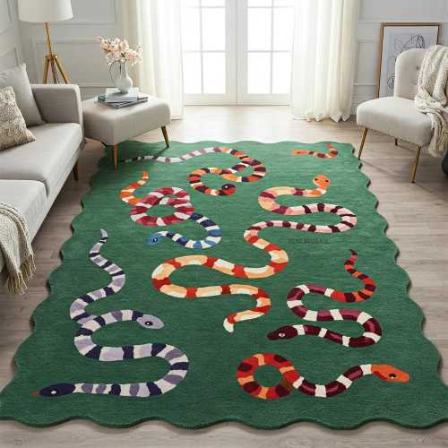 Green Hand Tufted Scalloped Edge Playful Snakes Rug for Nursery 8x10 Whimsical rug Handmade Custom Wool Rugs 9x12, 10x14 Large Living room