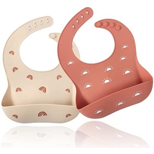 ROCCED Baby Silicone Bibs 2 Sets Baby Bibs with Food Catcher for Girls Boys Toddlers BPA Free Waterproof Soft Durable Adjustable Silicone Bibs for Babies-Shifting Sand/Pale Mauve