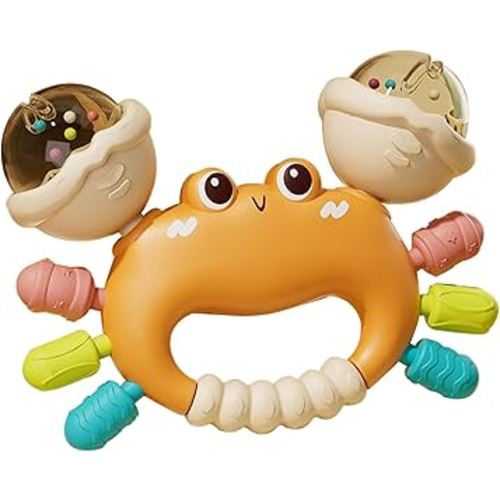 Baby Crab Rattle Toy- ABS Safe Toy for 0-6 Months Baby,Handheld Crab Shaped Toy for 6-12 Months, Early Education Grip & Smart Gift for Newborn Boys and Girls (Orange)