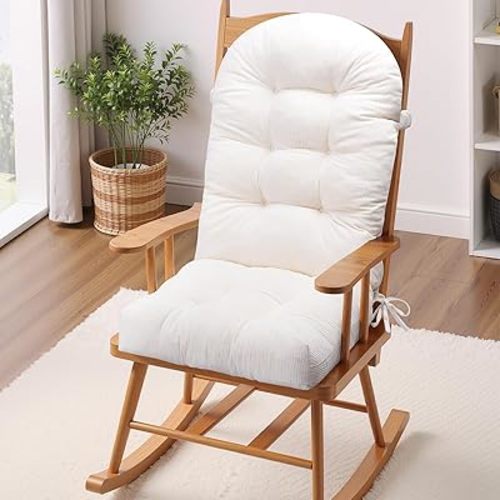 Rocking Chair Cushion - Corduroy Fabric, High-Density Sponge, Durable Comfort Non-Slip Bottom Tufted Seat Pads with Ties, Corduroy︱White, 44x19x4 inch