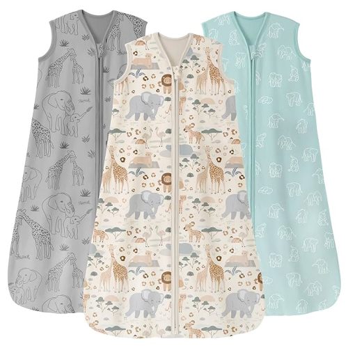 Baby Sleep Sack 0-6 Months 3 Pack 100% Cotton Lightweight 0.5 TOG Wearable Blanket Baby Sleep Bag with 2-Way Zipper for Newborn Infant Apricot Gray Green Elephant
