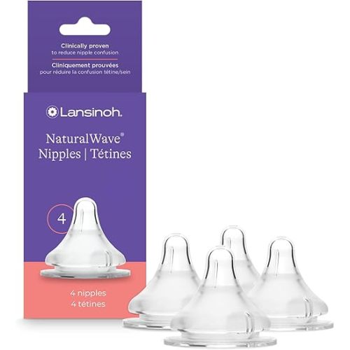 Lansinoh NaturalWave Baby Bottle Nipples – 100% Soft, Durable Silicone, Made Without BPA BPS, Anti-Colic, Supports Baby’s Developing Mouth and Teeth, Extra Slow Flow, Size XS, 4 Count, 0+ Months