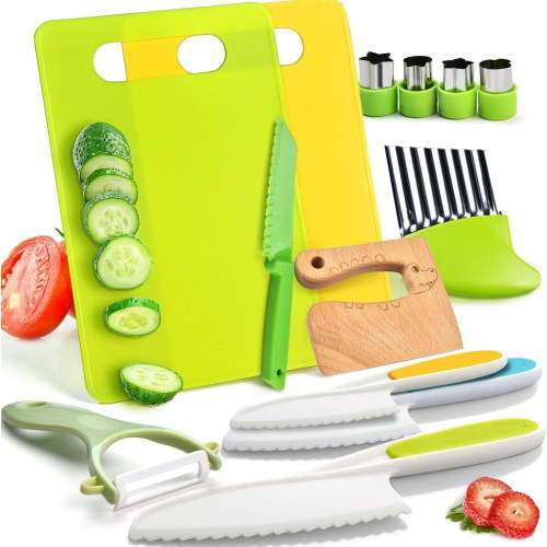 Montessori Kids Cooking Set with Wooden and Stainless Steel Tools, Cutting Board, Peeler, and Sandwich Cutters