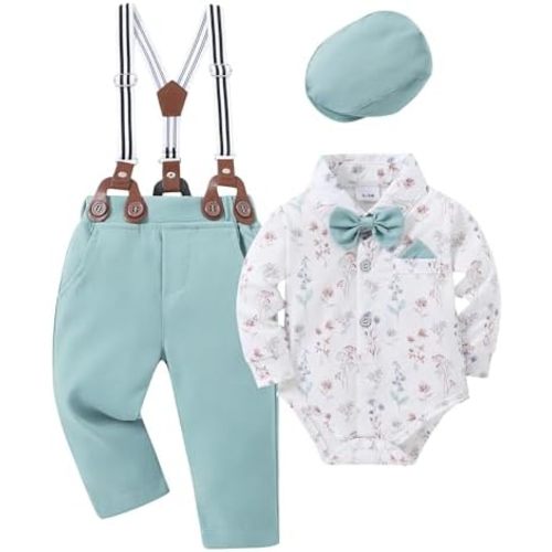 CARETOO Baby Boy Clothes Suit Infant Gentleman Boy Outfits Dress Shirt/Bowtie/Suspender Pants Set 0-18 Months