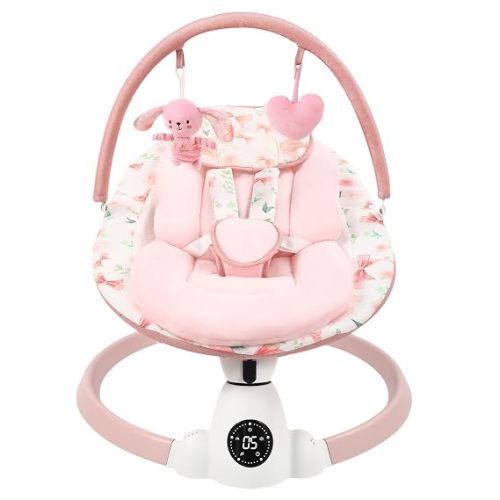 Baby Swing for Infants with 5 Swing Speeds, Portable Electric Baby Swing with Bluetooth, Touch Panel, 5-Point Harness, Indoor & Outdoor Use, Pink