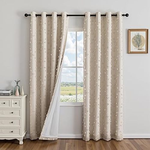 MYSKY HOME 100% Blackout Curtains for Nursery Thermal Insulated Beige Pom Pom Curtain 72 Inch Length for Girls Bedroom 2 Panels Grommet White Sheer Drapes for Kitchen Dining Room Door, 52W x 72L