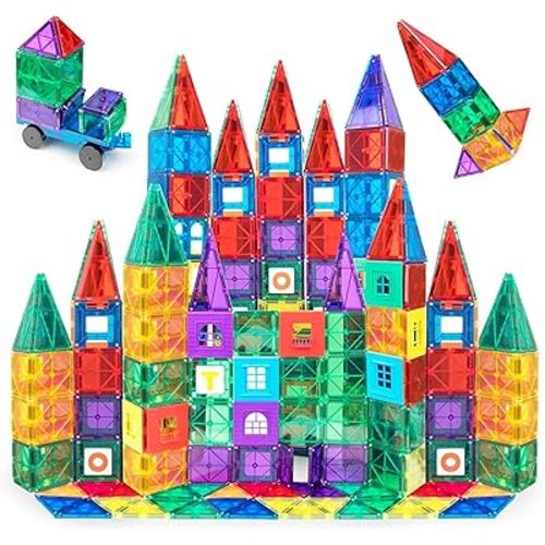 Playmags Magnetic Tiles for Kids 100-Piece Set, STEM Educational Building Blocks Toys for Kids, Includes Click-in ABC Learning Tiles, Gift for Boys & Girls, Add on Magnetic Figures, Car Set Available