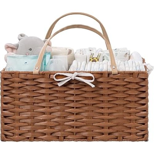 HBlife Large Diaper Caddy Organizer, Washable Waterproof, Portable Plastic Wicker Woven Basket with Divider, Nursery Diaper Station, Baby Shower Gifts Basket & Car Organizer