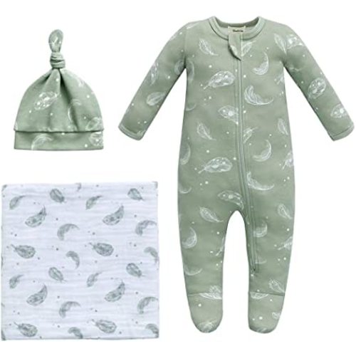 Owlivia Organic Take Me Home Outfit Set, Newborn Baby Boy Girl Footed Pajama Hat and Muslin Blanket Gift Set,3 Pcs