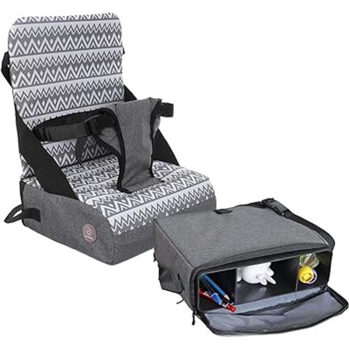 Dreambaby Grab ‘N Go Travel Booster Seat with Built-in Storage Space, Portable Highchair Booster Seat for Tables, High-Back Seat and Foldable for Baby Travel, Secured with a 3-Point Harness, Grey