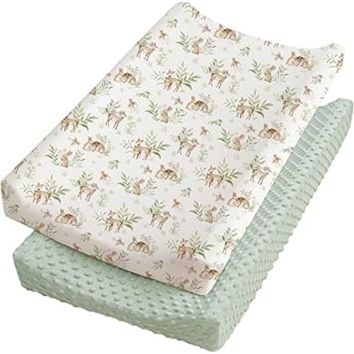 Konssy 2 Pack Minky Changing Pad Cover,Soft Minky Dots Plush Diaper Changing Table Cover Set, Breathable Changing Pad Sheets for Baby Girls Boys (Woodland,Sage)