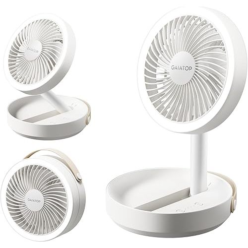 Gaiatop Foldable Small Desk Fan with LED Night Light, 6.8in Wireless 6000mAh Battery Powered Portable Fan USB Rechargeable, Bedroom Office Dorm Camping Travel Cruise Essentials, Gifts for Women Men
