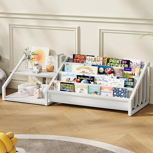 Kids Bookshelf, Book Shelf for Kids Rooms, Toddler Bookshelf with 2 Open Shelves and 4-Tier Sling Rack, for Kid Room, Nursery, Bedroom, Playroom, White TCW06WB
