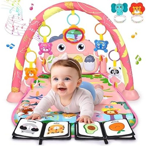 UMIKU Baby Play Mat Baby Tummy Time Mat Infant Newborn Musical Activity Center with High-Contrast Piano Music & Light Newborn Babies Gift for Girl Boy Babies 0-6 6-12 Month Pink Dinosaur