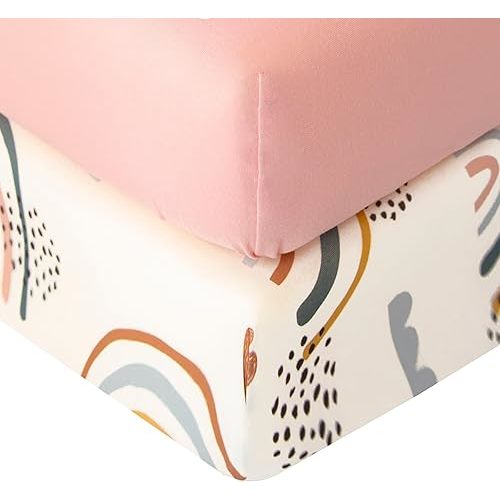 SDIII Rainbow Pack N Play Sheets Fitted 2 Pack Stretchy Microfiber Jersey Knit Pink Mini Crib Sheets for Mattress 38x26 Soft Toddler Playard Bedding
