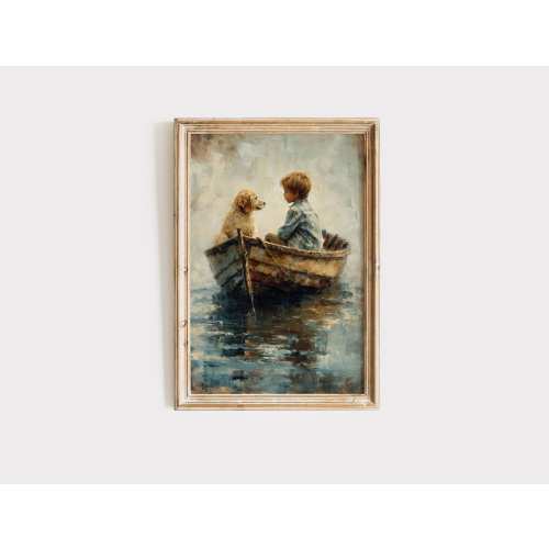 Vintage Boys Room Art, Boy and Dog on Boat Painting Download, Printable Wall Decor, Digital Print, Boys Nursery Artwork