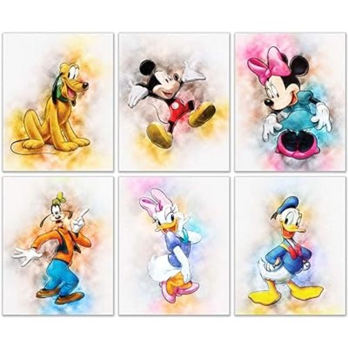 Mickey Mouse Original Watercolor Prints Set of 6 Wall Art Prints for Kids Room Wall Decor (8 x 10 Inch) Minnie Donald Daisy Duck Pluto Goofy