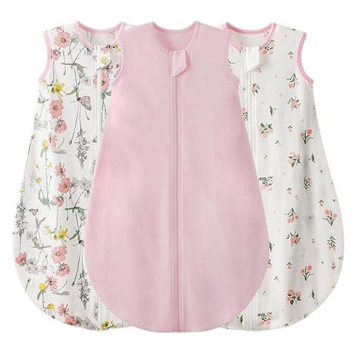 Duomiaomiao 3 Pack Baby Sleep Sack 100% Organic Cotton Lightweight Breathable Comfy Toddler Sleeping Sack (0.5tog Flowers, Large)