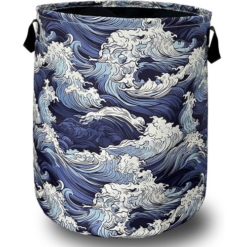 Vintage Sea Waves Laundry Basket With Handles Oxford Cloth Tote Bag Colorful Laundry Hamper 18.9"x16.5 "Foldable Clothes Storage Bucket Toy Organizer For Bathroom/Laundry/Bedroom